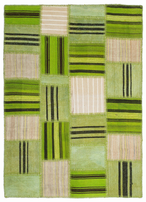Teselya 1342 Green Patchwork Wool Handmade Area Rug 5'3" x 7'7"