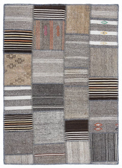 Teselya 1344 Beige Striped Wool Handmade Area Rug 5'3" x 7'7"