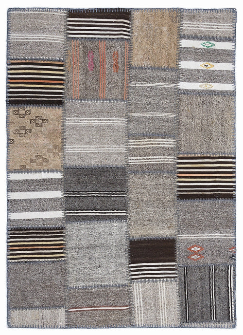 Teselya 1344 Beige Striped Wool Handmade Area Rug 5'3" x 7'7"