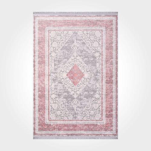 Bamboo Area Rug - Machine Made Pink Grey Rug With Overlocked Edge, Flatweave
