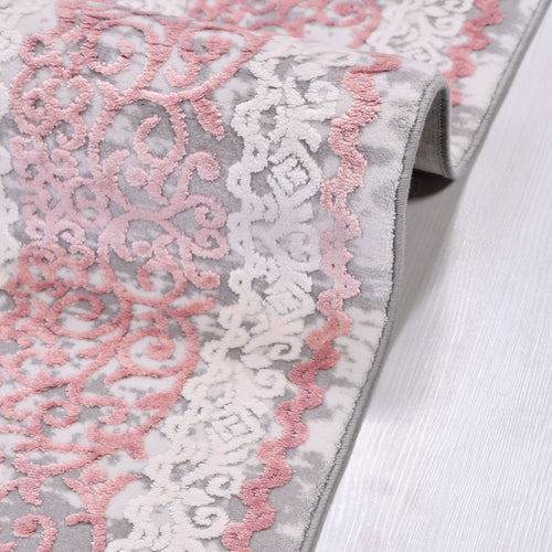 Bamboo Area Rug - Machine Made Pink Grey Rug With Overlocked Edge, Flatweave