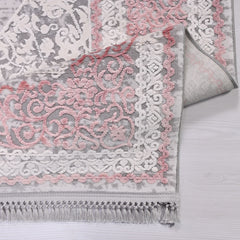 Bamboo Area Rug - Machine Made Pink Grey Rug With Overlocked Edge, Flatweave