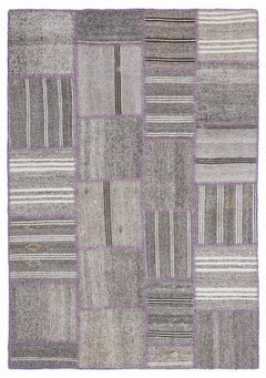 Teselya 1352 Grey Striped Wool Handmade Area Rug 5'3" x 7'7"