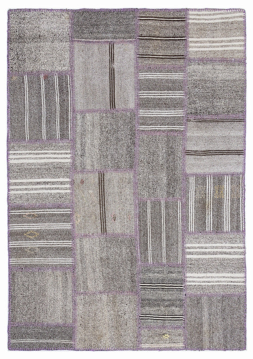 Teselya 1352 Grey Striped Wool Handmade Area Rug 5'3" x 7'7"