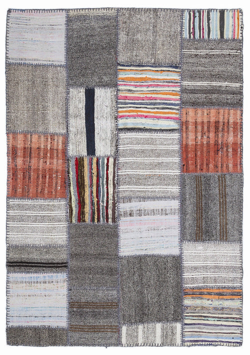 Teselya 1354 Grey Patchwork Wool Handmade Area Rug 5'3" x 7'7"