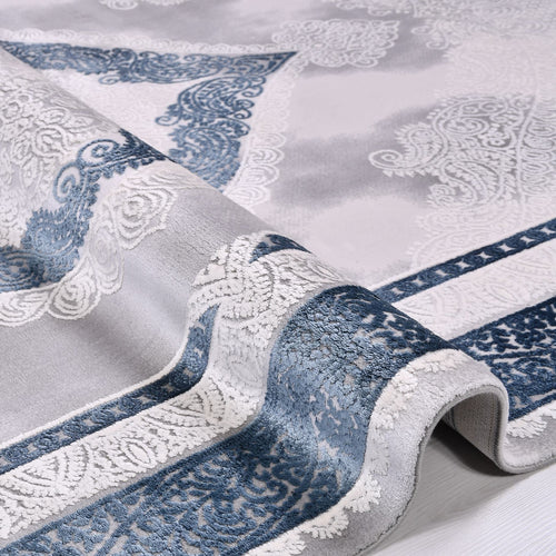 Bamboo Area Rug - Classic Grey Blue Machine Made Rug With Overlocked Edge