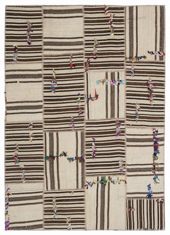 Teselya 1369 Beige Striped Wool Handmade Area Rug 5'3" x 7'7"