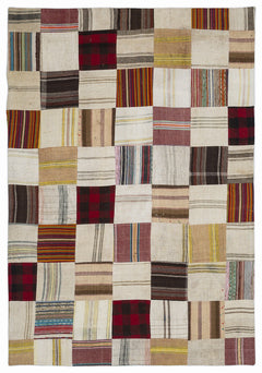 Teselya 1372 Beige Patchwork Wool Handmade Area Rug 5'3" x 7'7"