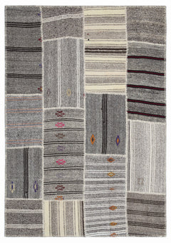 Teselya 1383 Beige Striped Wool Handmade Area Rug 5'3" x 7'7"