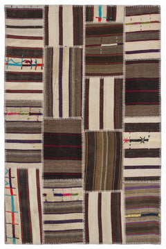 Teselya 1393 Beige Striped Wool Handmade Area Rug 3'11" x 5'11"