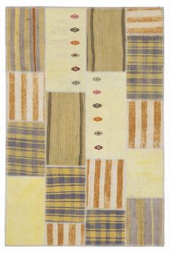 Teselya 1431 Yellow Patchwork Wool Handmade Area Rug 3'11" x 5'11"