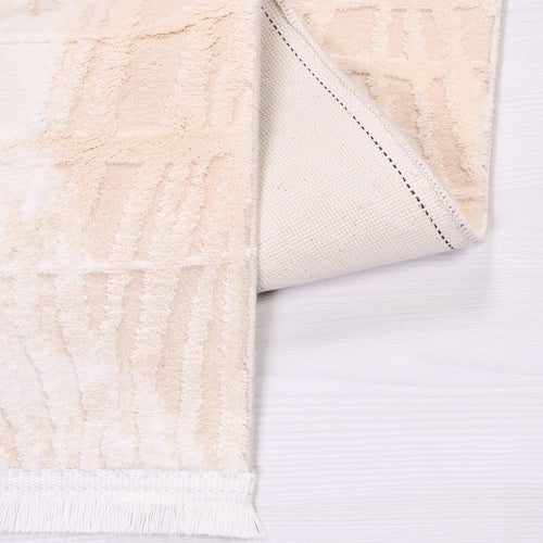 Modern Bamboo Area Rug – Machine Made Cream Viscose Carpet With Overlocked Edge