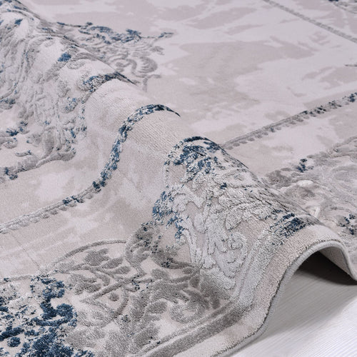 Bamboo Viscose Area Rug – Machine Made Rug with Blue Frame, 11 mm Pile Height