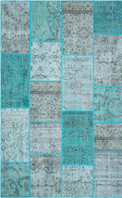 Handmade Wool Area Rug – Blue Patchwork Flatweave Carpet With Soft Texture