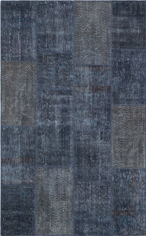 Handmade Wool Rug – Navy Blue Patchwork Area Rug with Antislip Flatweave