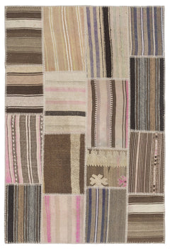 Teselya 1486 Beige Striped Wool Handmade Area Rug 3'11" x 5'11"
