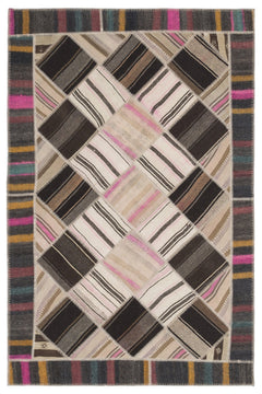 Teselya Beige Striped Wool Handmade Area Rug 5'3" x 8'11"