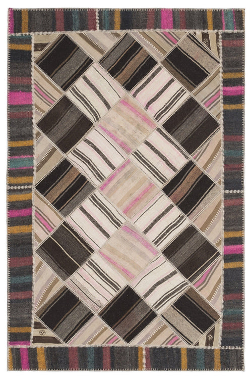 Teselya Beige Striped Wool Handmade Area Rug 5'3" x 8'11"