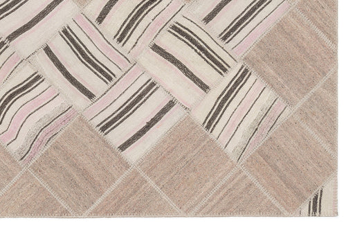 Teselya Beige Striped Wool Handmade Area Rug 4'4" x 7'3"