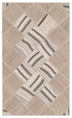 Teselya Beige Striped Wool Handmade Area Rug 4'4" x 7'3"