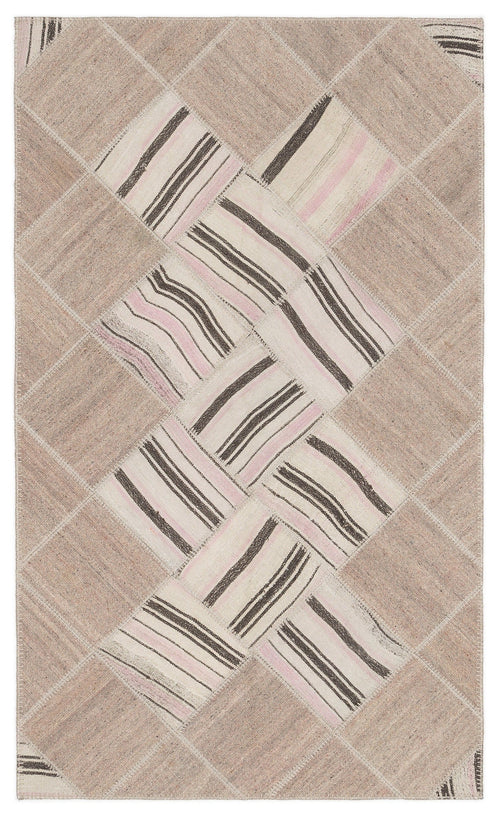 Teselya Beige Striped Wool Handmade Area Rug 4'4" x 7'3"