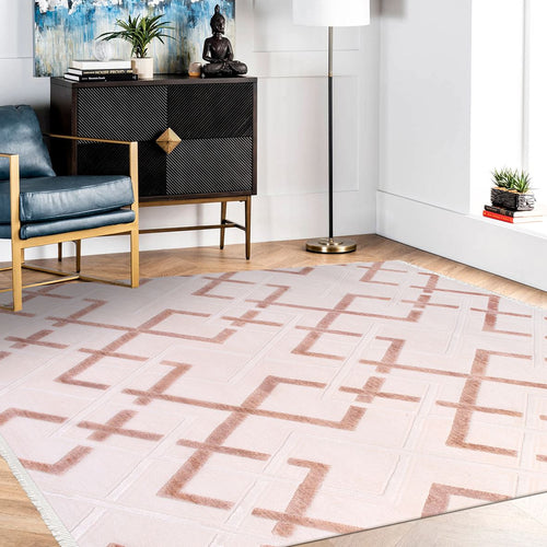 Yara Cream Pink Geometric Bamboo Viscose Machine Made Area Rug