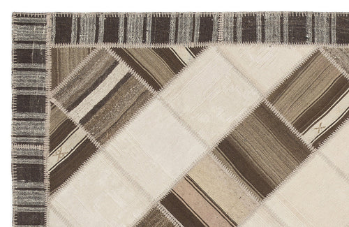 Teselya Beige Striped Wool Handmade Area Rug 6'11" x 9'11"