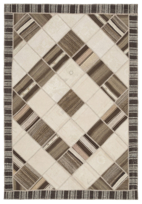 Teselya Beige Striped Wool Handmade Area Rug 6'11" x 9'11"
