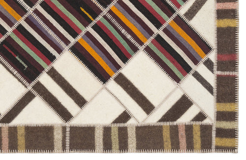 Teselya Beige Striped Wool Handmade Area Rug 5'6" x 7'8"