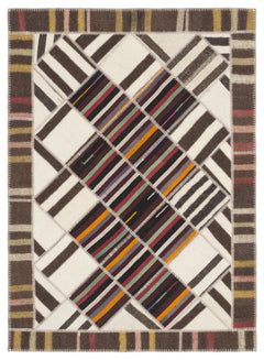 Teselya Beige Striped Wool Handmade Area Rug 5'6" x 7'8"