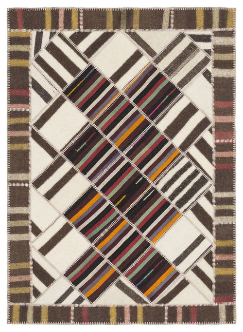 Teselya Beige Striped Wool Handmade Area Rug 5'6" x 7'8"