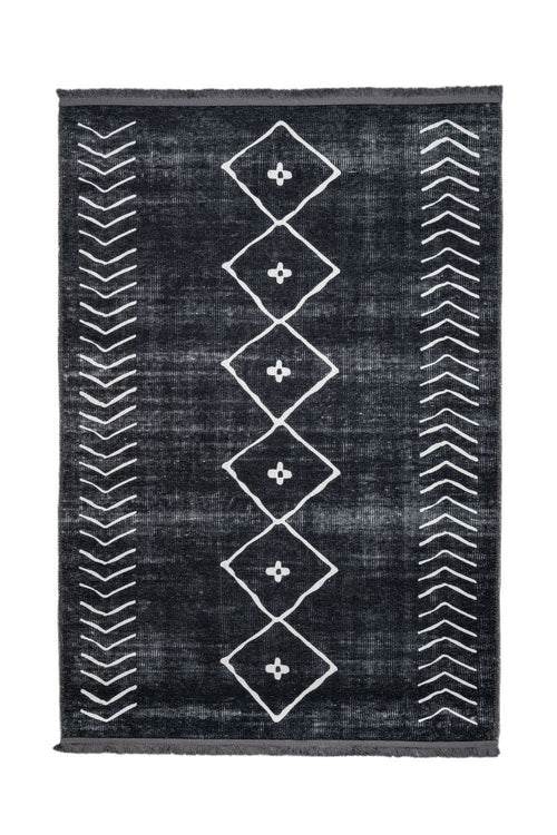Black Geometric Area Rug - Cotton Chenille Digital Print Carpet for Modern Living Room