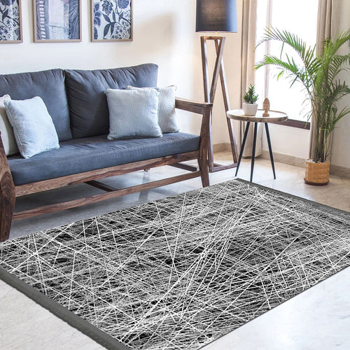 Machine Made Area Rug – Black Striped Cotton Flatweave Rug with Laser Cut Edges