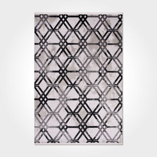 Grey Geometric Area Rug – Machine Made Rug With Acrylic Yarn & Overlocked Edge
