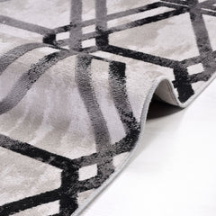 Grey Geometric Area Rug – Machine Made Rug With Acrylic Yarn & Overlocked Edge