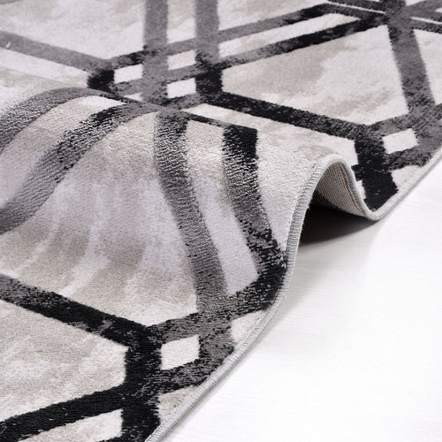 Grey Geometric Area Rug – Machine Made Rug With Acrylic Yarn & Overlocked Edge
