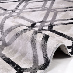 Grey Geometric Area Rug – Machine Made Rug With Acrylic Yarn & Overlocked Edge