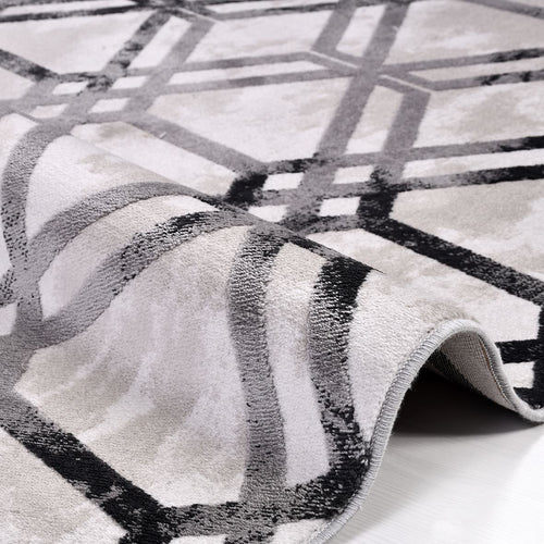 Grey Geometric Area Rug – Machine Made Rug With Acrylic Yarn & Overlocked Edge