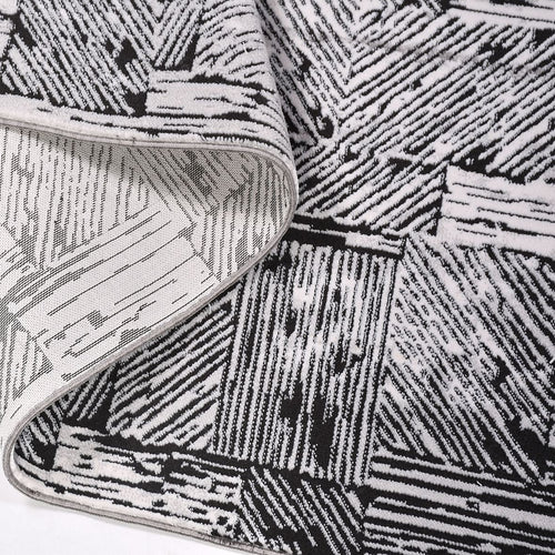 Black Grey Area Rug - Machine Made Striped Polyester Carpet for Modern Living Room