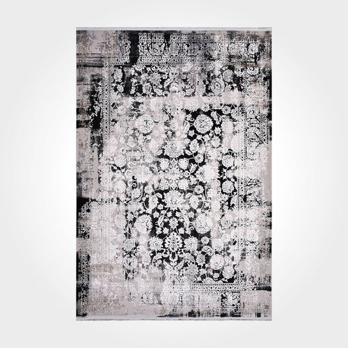 Vintage Area Rug – Black Grey Machine Made Rug with Overlocked Edge