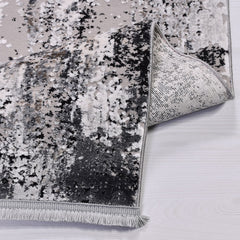 Modern Area Rug – Black Machine Made Rug with Overlocked Edge, Low Pile