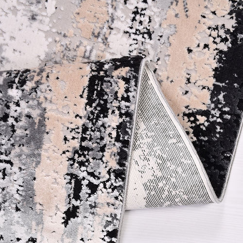 Machine Made Area Rug - Cream Beige Rug with Black Frame, Low Pile Durable Floor Covering