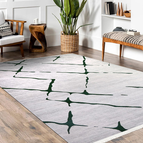 Grey Geometric Area Rug – Machine Made Rug With Acrylic Pile & Overlocked Edge