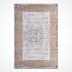 Machine Made Area Rug – Grey Beige Frame Design, Low Pile Washable Rug