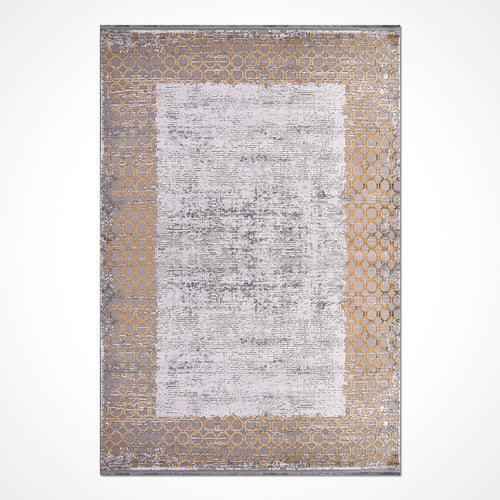 Machine Made Area Rug – Grey Beige Frame Design, Low Pile Washable Rug