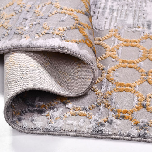 Machine Made Area Rug – Grey Beige Frame Design, Low Pile Washable Rug