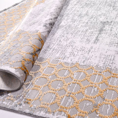 Machine Made Area Rug – Grey Beige Frame Design, Low Pile Washable Rug