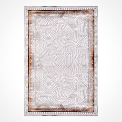 Machine Made Area Rug - Grey Beige Geometric Frame Rug with Overlocked Edge