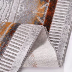 Machine Made Area Rug - Grey Beige Geometric Frame Rug with Overlocked Edge