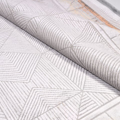 Machine Made Area Rug - Grey Beige Geometric Frame Rug with Overlocked Edge